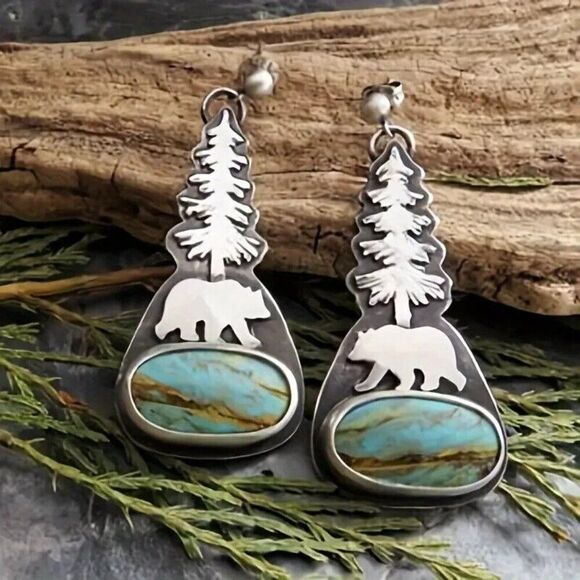 BEAR PAW TREE FANCY FOX SILVER TURQUOISE EARRINGS WESTERN SOUTHWEST DANGLE - Picture 1 of 2